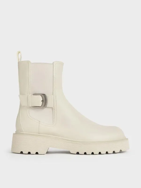 Women SideBuckle RidgedSole Chelsea Boots 8211 Chalk CHARLES and KEITH Boots