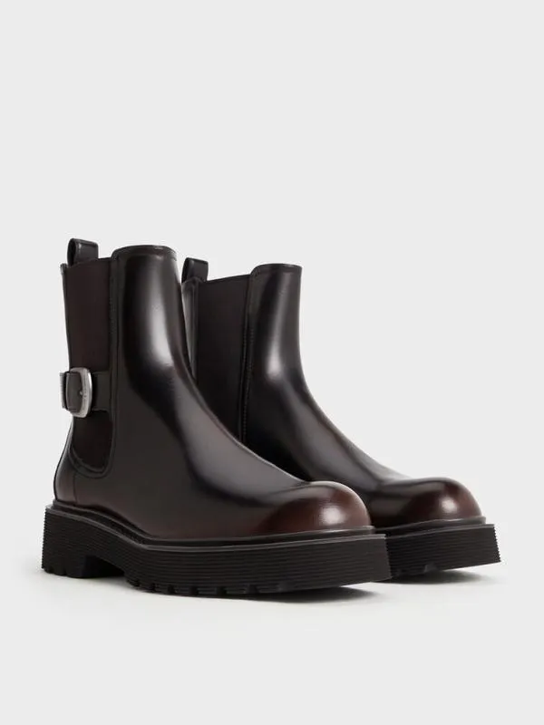 Women SideBuckle RidgedSole Chelsea Boots 8211 Dark Brown CHARLES and KEITH Boots