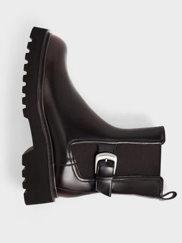 Women SideBuckle RidgedSole Chelsea Boots 8211 Dark Brown CHARLES and KEITH Boots