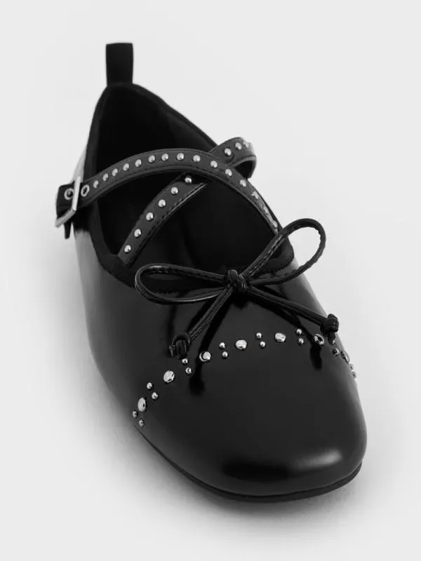 Women Studded CrossoverStrap Mary Jane Flats 8211 Black Box CHARLES and KEITH Ballet Flats