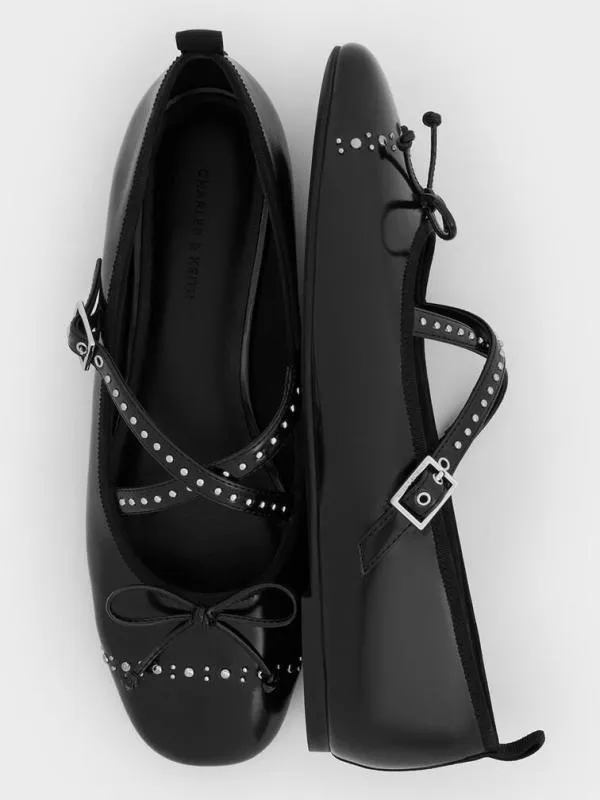 Women Studded CrossoverStrap Mary Jane Flats 8211 Black Box CHARLES and KEITH Ballet Flats