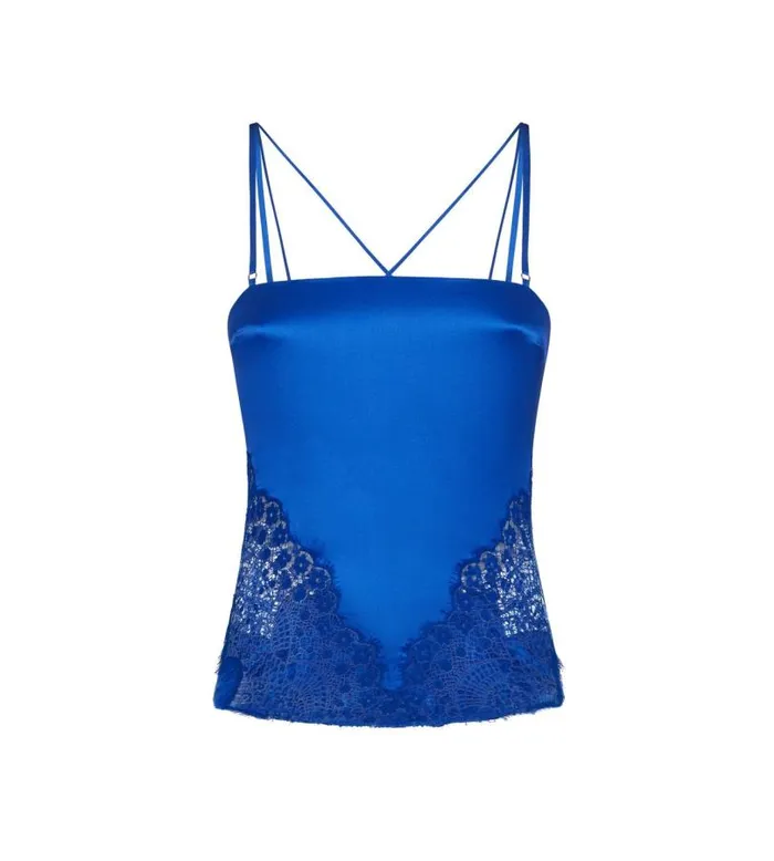 Women Tops Tom Ford Silk Satin Top With Lace Inserts Cobalt Blue