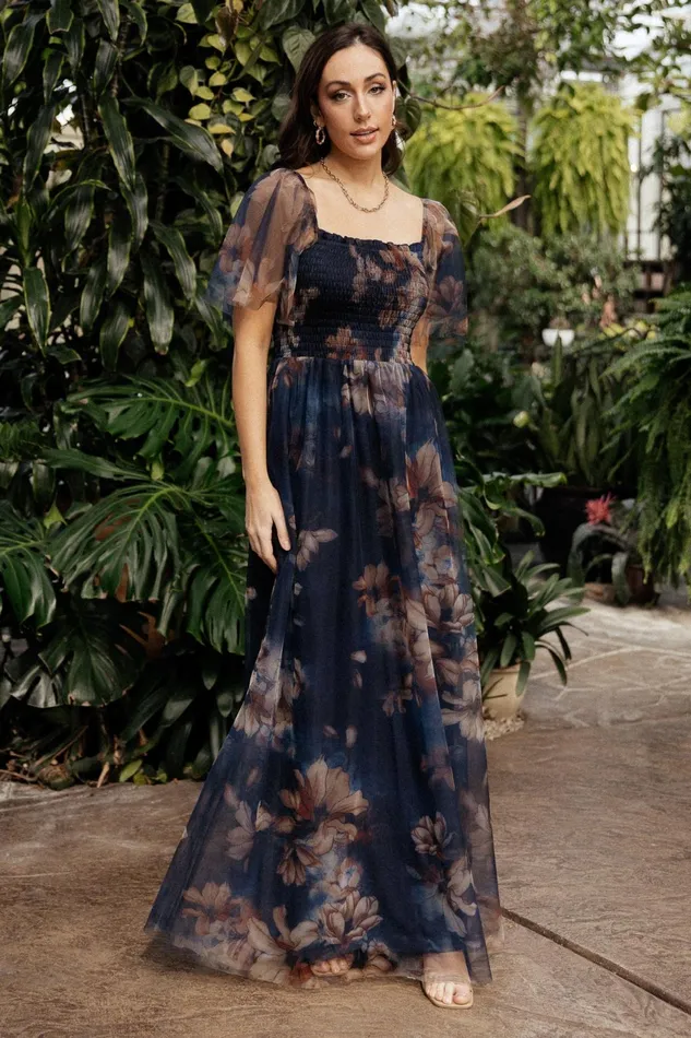 Women Tulle Styles Baltic Born Cassandra Tulle Maxi Dress Dark Blue Floral
