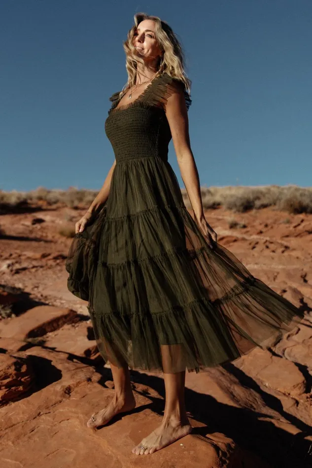 Women Tulle Styles Baltic Born Emma Smocked Tulle Dress Dark Olive