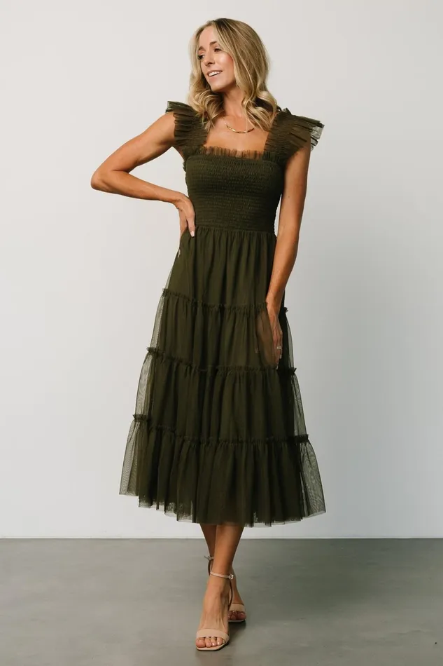 Women Tulle Styles Baltic Born Emma Smocked Tulle Dress Dark Olive