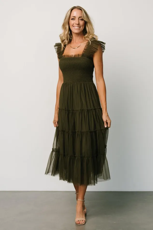 Women Tulle Styles Baltic Born Emma Smocked Tulle Dress Dark Olive