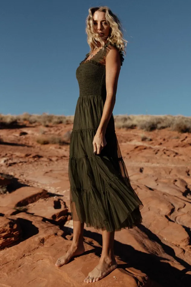 Women Tulle Styles Baltic Born Emma Smocked Tulle Dress Dark Olive