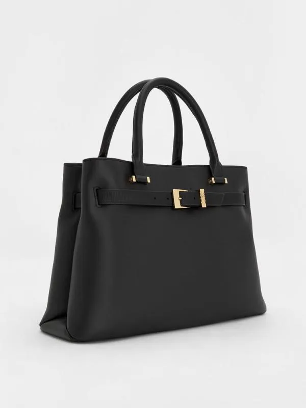 Women Voyager Leather Belted Trapeze Tote Bag 8211 Black CHARLES and KEITH Crossbody Bags