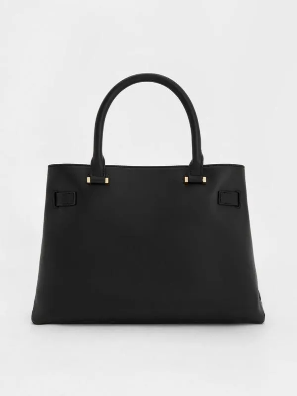 Women Voyager Leather Belted Trapeze Tote Bag 8211 Black CHARLES and KEITH Crossbody Bags