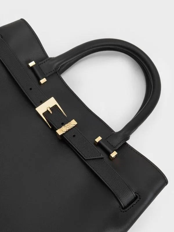 Women Voyager Leather Belted Trapeze Tote Bag 8211 Black CHARLES and KEITH Crossbody Bags