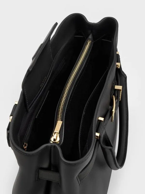 Women Voyager Leather Belted Trapeze Tote Bag 8211 Black CHARLES and KEITH Crossbody Bags
