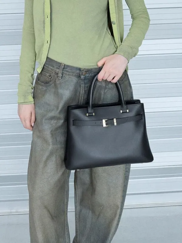 Women Voyager Leather Belted Trapeze Tote Bag 8211 Black CHARLES and KEITH Crossbody Bags