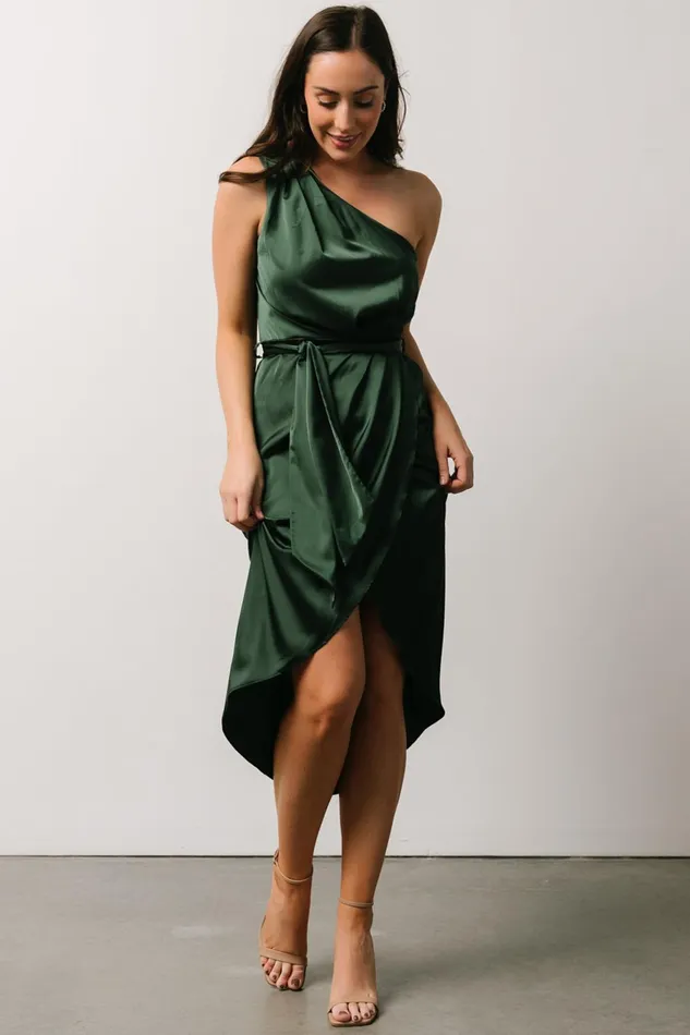 Women Wedding Guest Baltic Born Celia One Shoulder Midi Dress Dark Green