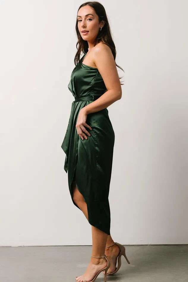 Women Wedding Guest Baltic Born Celia One Shoulder Midi Dress Dark Green