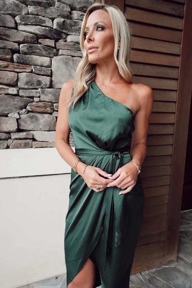 Women Wedding Guest Baltic Born Celia One Shoulder Midi Dress Dark Green