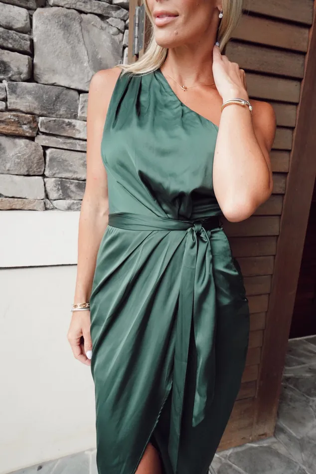 Women Wedding Guest Baltic Born Celia One Shoulder Midi Dress Dark Green