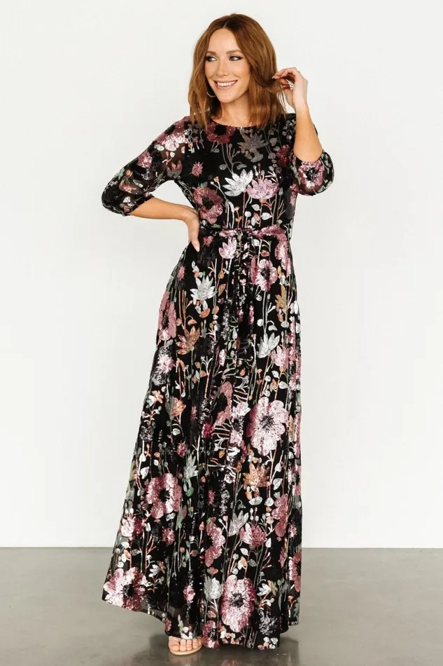 Women Wedding Guest Baltic Born Destiny Sequin Maxi Dress Black Multi