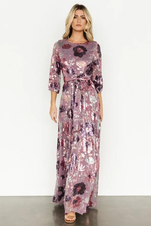 Women Wedding Guest Baltic Born Destiny Sequin Maxi Dress Lilac Floral
