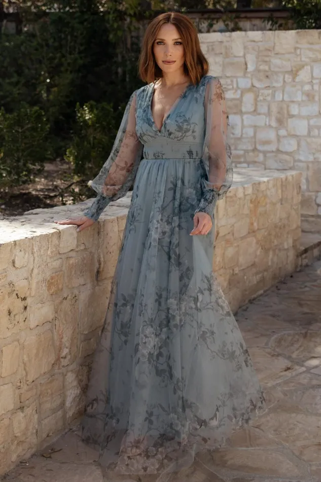 Women Wedding Guest Baltic Born Layla Tulle Maxi Dress Dusty Blue Floral