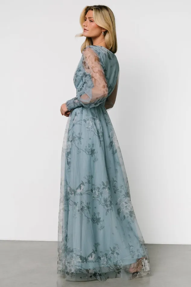 Women Wedding Guest Baltic Born Layla Tulle Maxi Dress Dusty Blue Floral