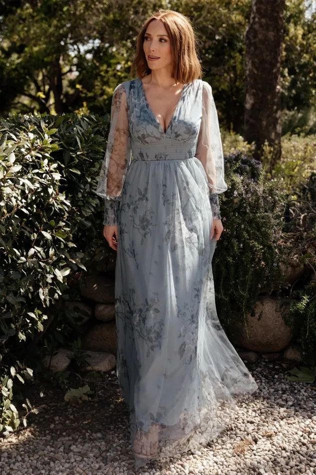Women Wedding Guest Baltic Born Layla Tulle Maxi Dress Dusty Blue Floral