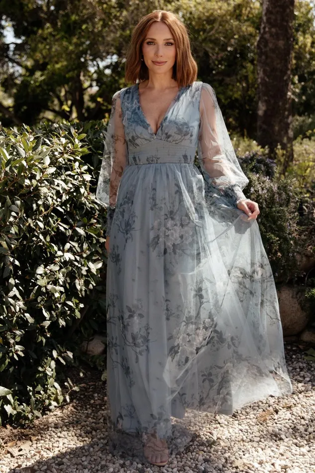 Women Wedding Guest Baltic Born Layla Tulle Maxi Dress Dusty Blue Floral