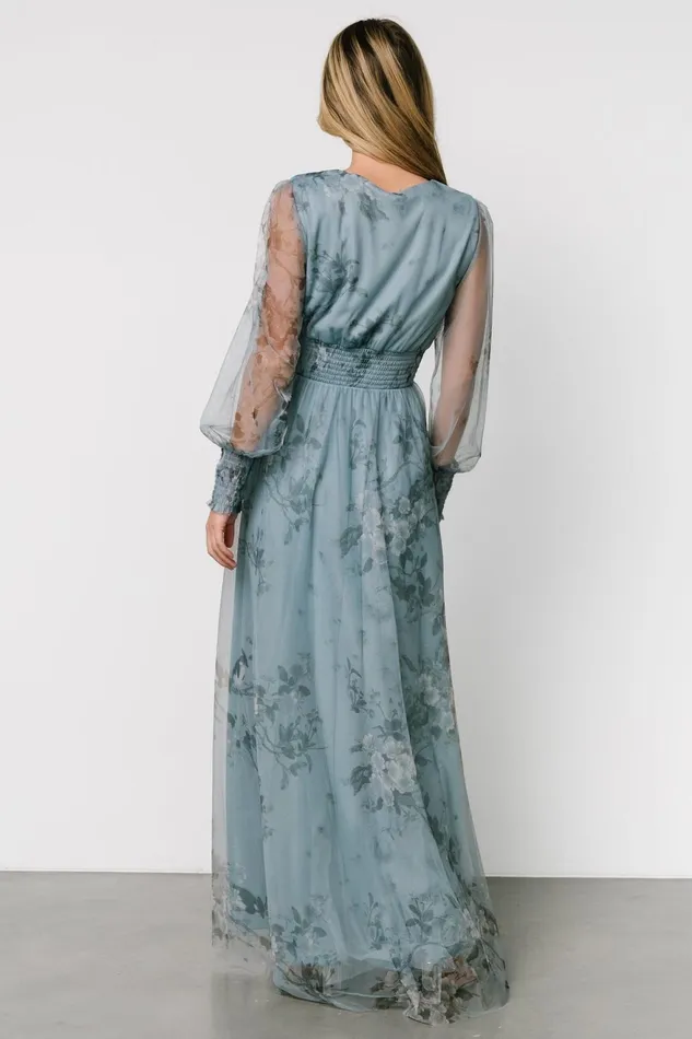 Women Wedding Guest Baltic Born Layla Tulle Maxi Dress Dusty Blue Floral