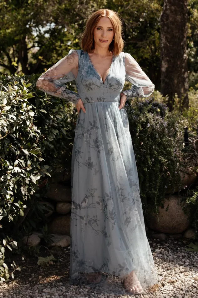 Women Wedding Guest Baltic Born Layla Tulle Maxi Dress Dusty Blue Floral