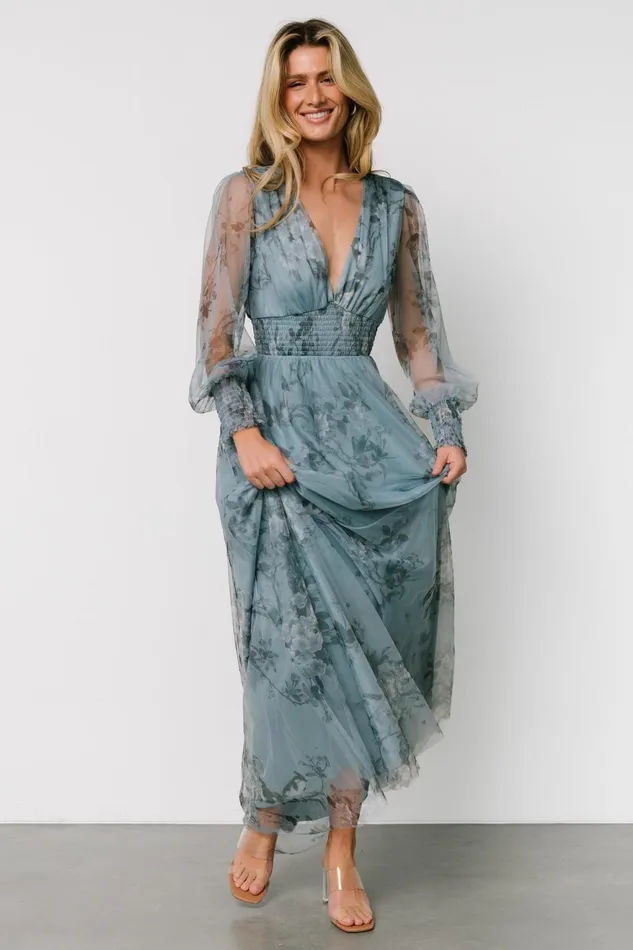 Women Wedding Guest Baltic Born Layla Tulle Maxi Dress Dusty Blue Floral
