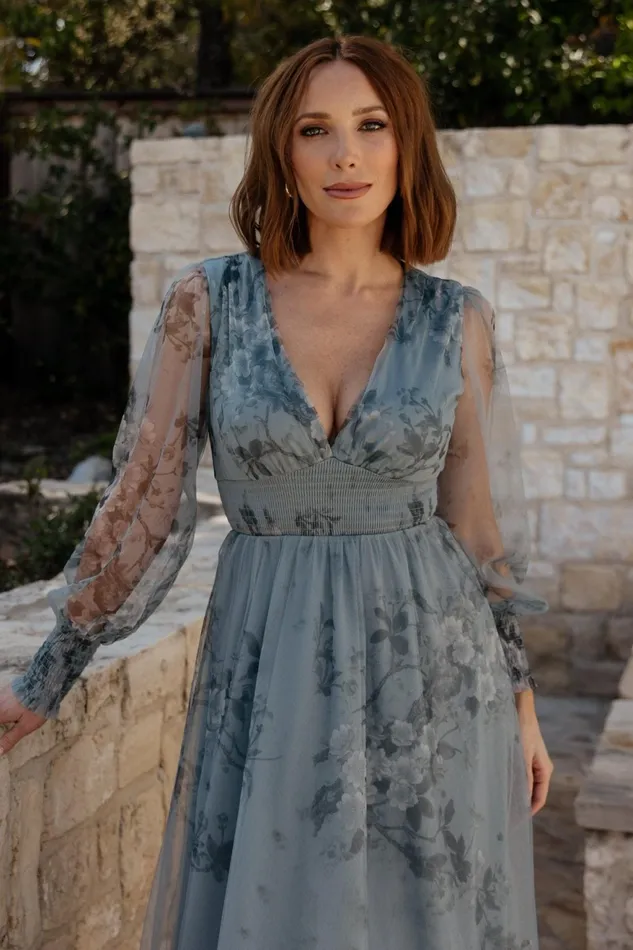 Women Wedding Guest Baltic Born Layla Tulle Maxi Dress Dusty Blue Floral