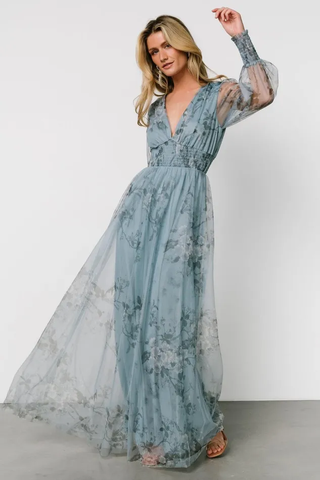 Women Wedding Guest Baltic Born Layla Tulle Maxi Dress Dusty Blue Floral