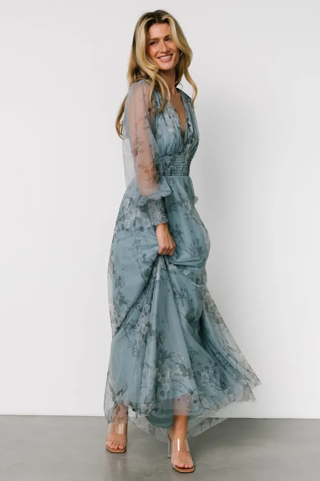Women Wedding Guest Baltic Born Layla Tulle Maxi Dress Dusty Blue Floral