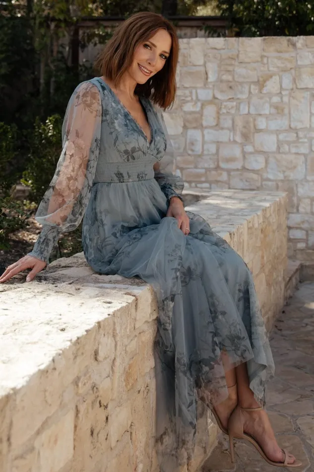 Women Wedding Guest Baltic Born Layla Tulle Maxi Dress Dusty Blue Floral