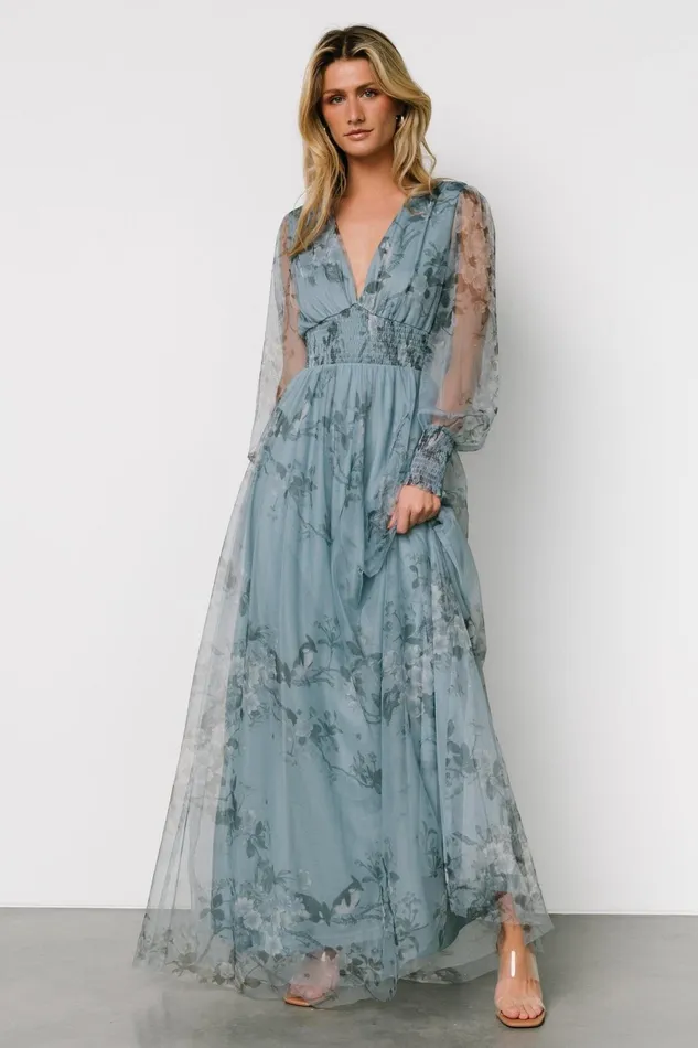 Women Wedding Guest Baltic Born Layla Tulle Maxi Dress Dusty Blue Floral