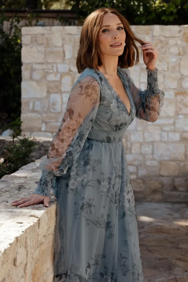Women Wedding Guest Baltic Born Layla Tulle Maxi Dress Dusty Blue Floral