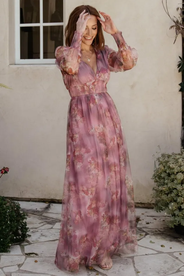 Women Wedding Guest Baltic Born Layla Tulle Maxi Dress Dusty Orchid Floral