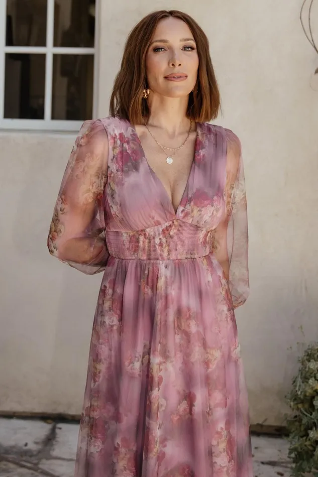 Women Wedding Guest Baltic Born Layla Tulle Maxi Dress Dusty Orchid Floral