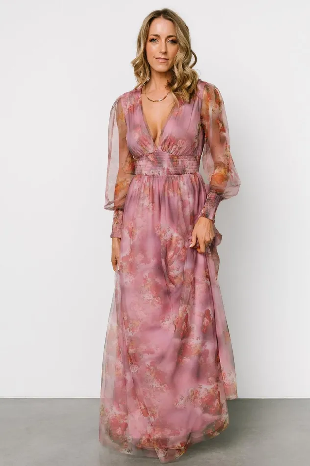 Women Wedding Guest Baltic Born Layla Tulle Maxi Dress Dusty Orchid Floral