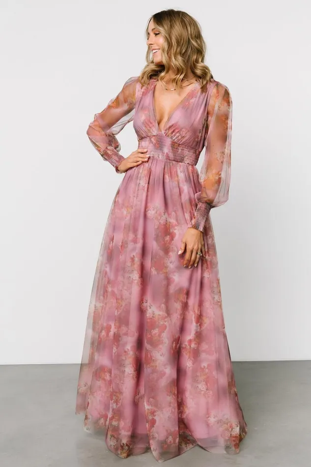 Women Wedding Guest Baltic Born Layla Tulle Maxi Dress Dusty Orchid Floral