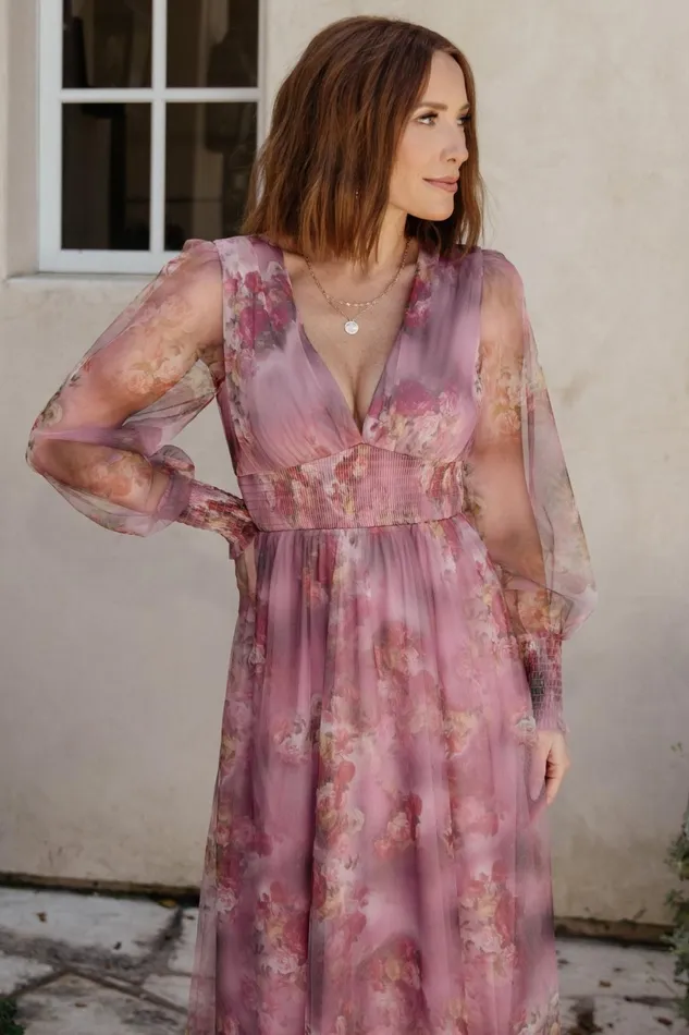 Women Wedding Guest Baltic Born Layla Tulle Maxi Dress Dusty Orchid Floral