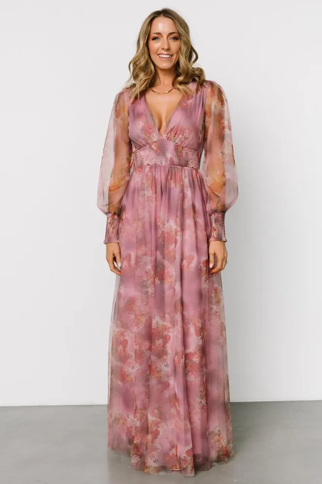 Women Wedding Guest Baltic Born Layla Tulle Maxi Dress Dusty Orchid Floral