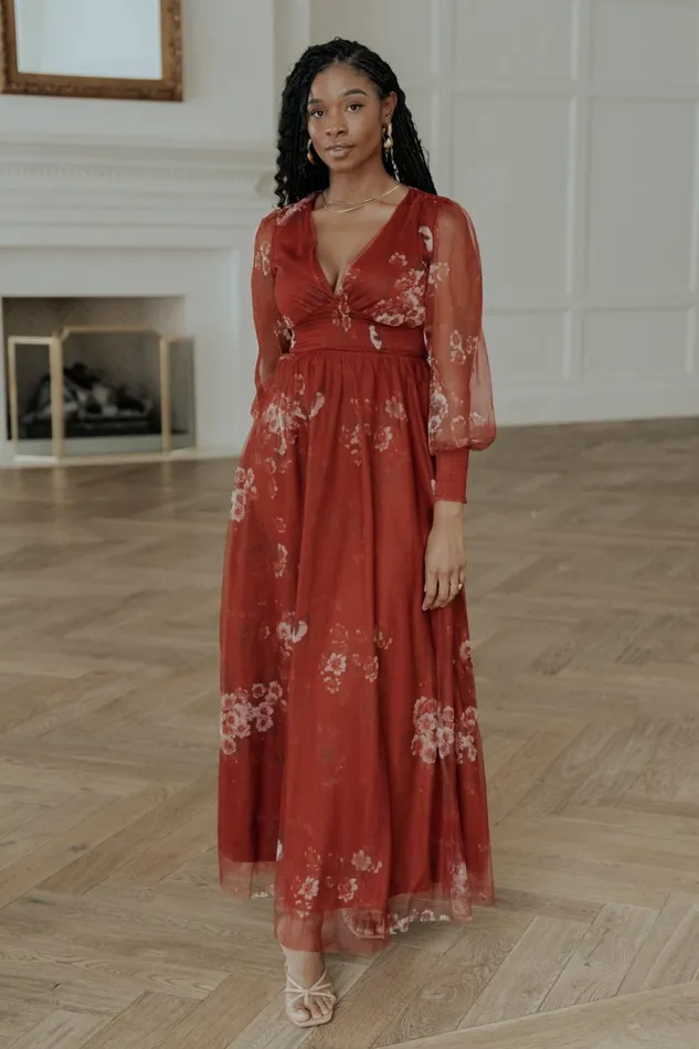 Women Wedding Guest Baltic Born Layla Tulle Maxi Dress Rust Floral