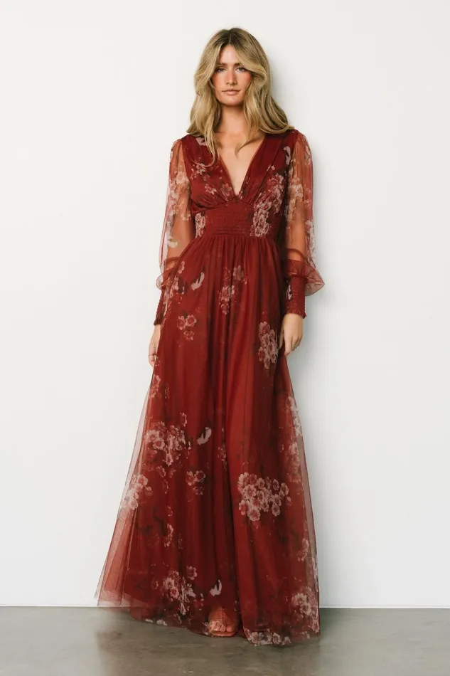 Women Wedding Guest Baltic Born Layla Tulle Maxi Dress Rust Floral