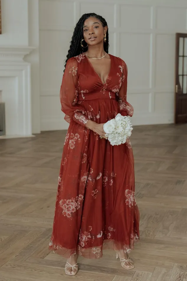 Women Wedding Guest Baltic Born Layla Tulle Maxi Dress Rust Floral