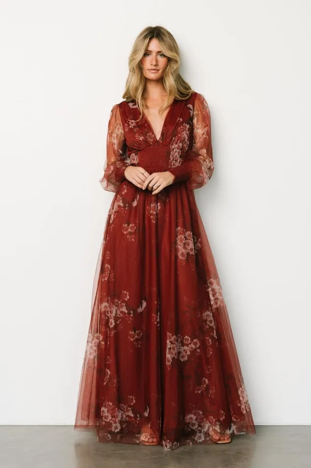 Women Wedding Guest Baltic Born Layla Tulle Maxi Dress Rust Floral