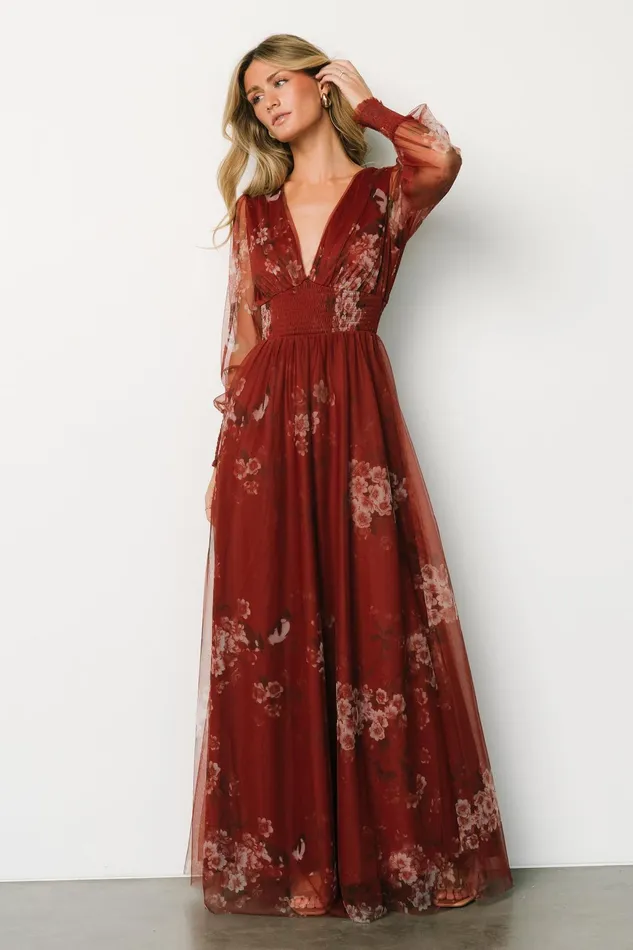 Women Wedding Guest Baltic Born Layla Tulle Maxi Dress Rust Floral