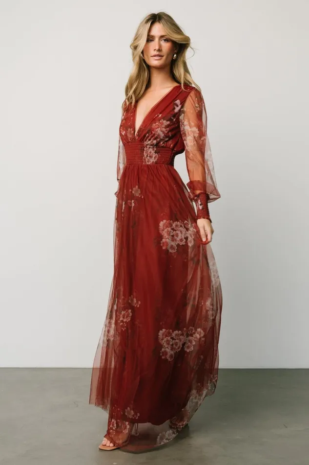 Women Wedding Guest Baltic Born Layla Tulle Maxi Dress Rust Floral