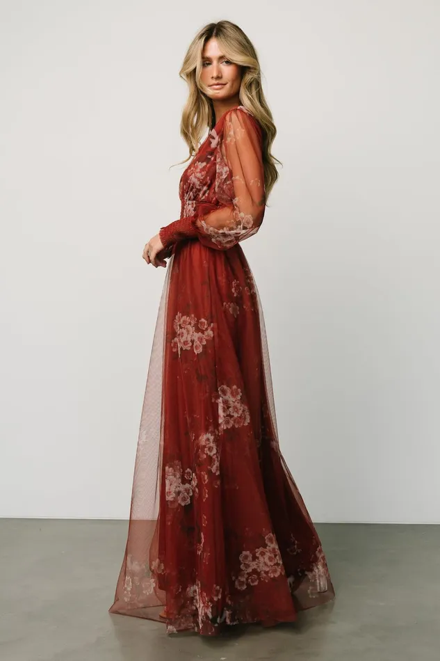 Women Wedding Guest Baltic Born Layla Tulle Maxi Dress Rust Floral