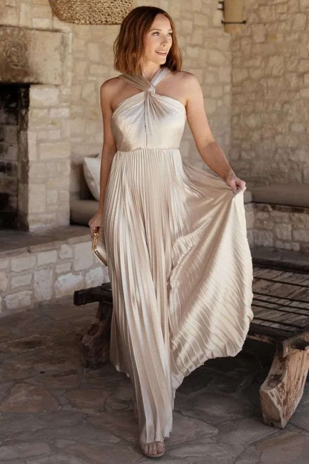 Women Wedding Guest Baltic Born Sandra Pleated Maxi Dress Champagne