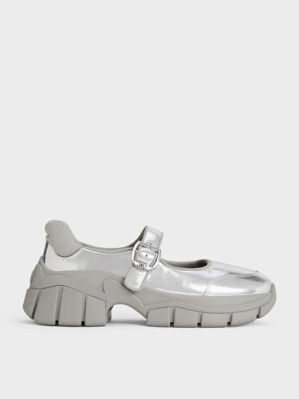 Women Yunna Metallic Leather and Recycled Fabric Mary Jane Sneakers 8211 Silver CHARLES and KEITH Sneakers Women Yunna Metallic Leather and Recycled Fabric Mary Jane Sneakers 8211 Silver CHARLES and KEITH Sneakers